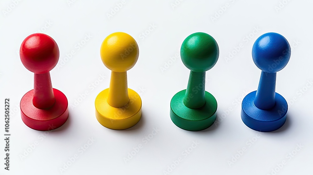 Poster colorful game pieces arranged in a row on a white surface generative ai