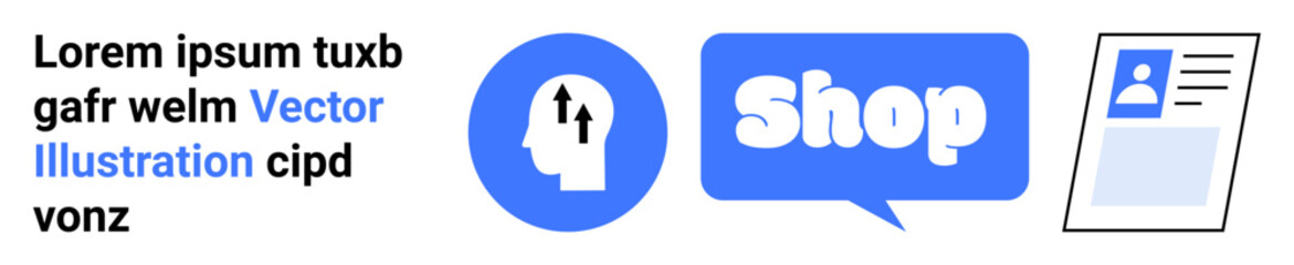 Head with arrows, blue shop speech bubble, and ID profile icon. Ideal for e-commerce, digital marketing, online shops, web design, user engagement. Banner for landing page