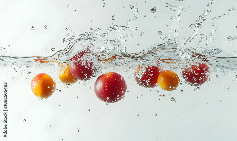 Poster fresh red and yellow fruits splashing into water, creating an artistic and refreshing image.