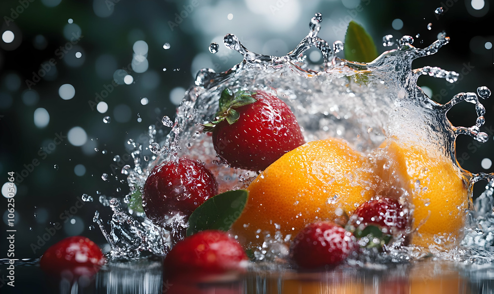 Poster fresh red strawberries and a yellow orange are splashed with water, creating a dynamic and colorful 