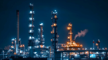 Industrial complex illuminated at night, showcasing towering structures and smoke emissions. AI Image