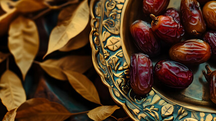 A decorative plate of dates surrounded by golden leaves, evoking warmth and tradition. AI Image