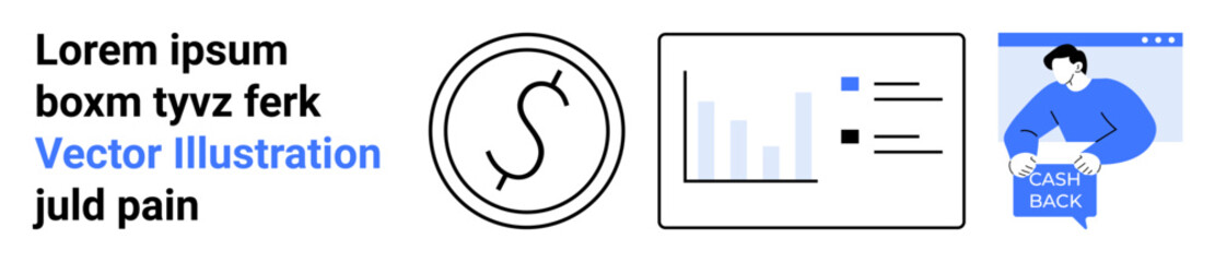 Obraz premium Text block, logo icon, bar chart graphic, and person with Cashback sign. Ideal for financial reports, presentations, websites, marketing materials, mobile apps, infographics, advertising. Landing