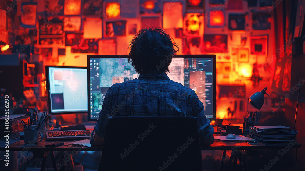 Poster graphic designer working on computer in creative studio filled with sketches and vibrant lighting. a