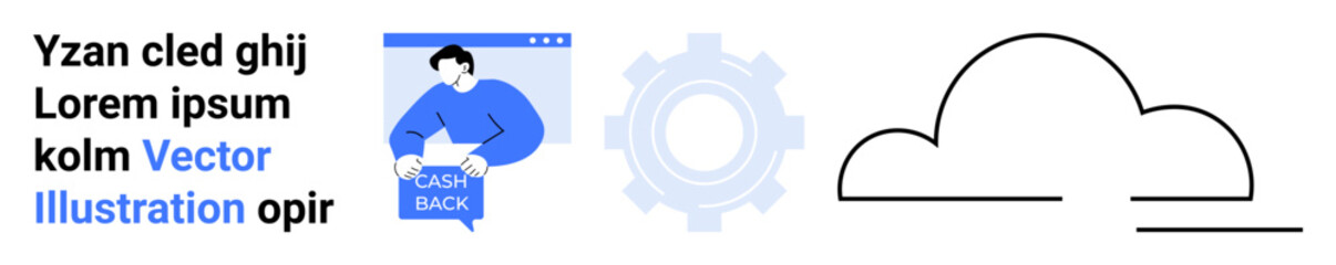 Text with marketing copy, man holding Learn Back, gear icon, cloud shape. Ideal for marketing campaigns, presentations, websites, educational materials, user guides, financial tips, and e-commerce