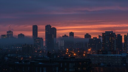 Fototapeta premium City skyline at dawn with the first light hitting the buildings, emphasizing the start of a new day