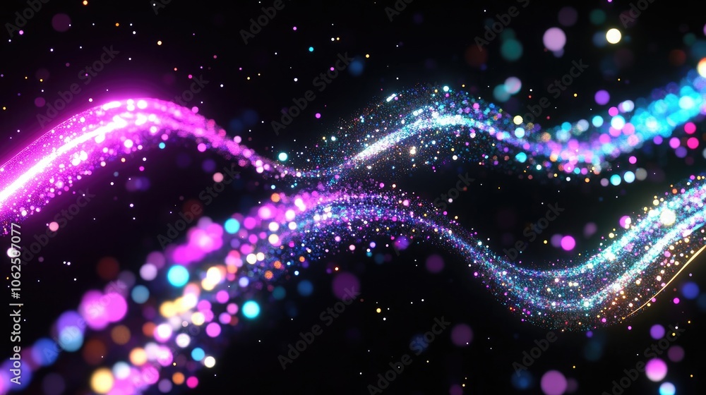 Poster colorful abstract waves of neon particles flowing in vibrant patterns generative ai