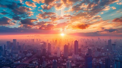 Fototapeta premium City skyline with a dramatic sunset, capturing the beauty of urban landscapes