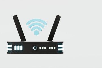 3D Realistic Wireless Internet Router with antennas icon. Minimal Cartoon digital wireless modem hotspot on isolated white background Wi-Fi hotspot zone. Wireless Modem for 4G or 5G concept. 3D Render