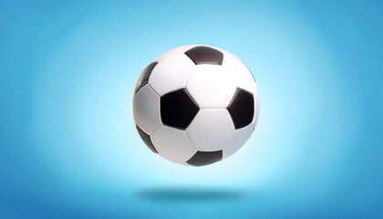Obraz premium White and black soccer ball floating or flying isolated on light blue background