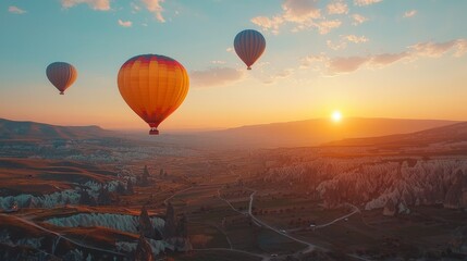 Obraz premium Colorful Hot Air Balloons Over Scenic Landscape