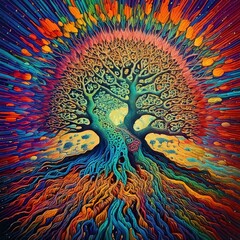 psychedelic sacred tree tribal spiritual energy type trippy pattern
