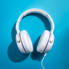 White metallic white wireless headphones, background concept isolated on light blue background