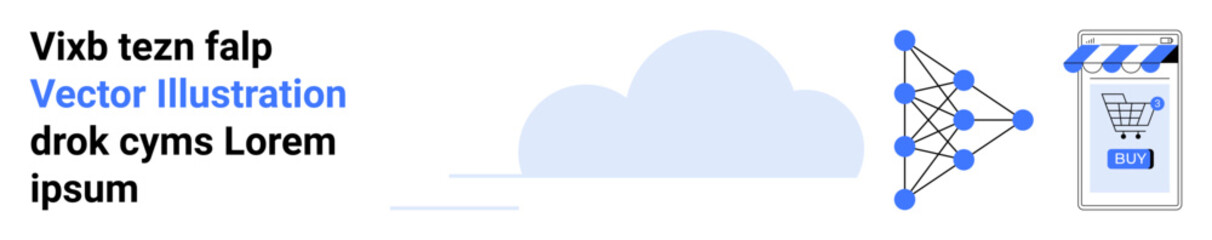 Cloud connecting to a smartphone with a shopping cart icon through a neural network. Ideal for e-commerce, cloud computing, AI, mobile shopping, digital marketing, tech blogs, and online retail