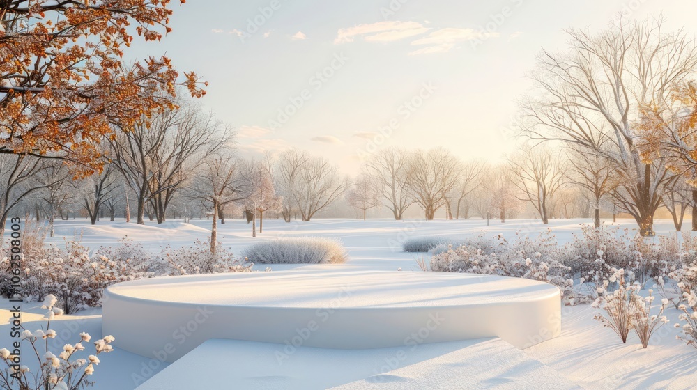 Poster a white circular platform in a snowy forest setting with bare trees and soft morning light.