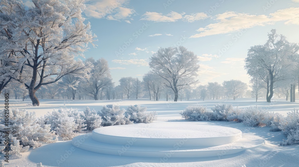 Poster snowy winter scene with a circular platform in a frosty forest.