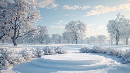 Obraz premium Snowy winter scene with a circular platform in a frosty forest.