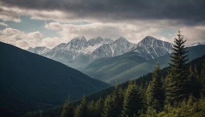 Obraz premium Majestic mountains tower over a serene spruce forest beneath a dramatic sky, showcasing nature beauty at dusk. Towering mountains with rolling hills and moody sky highlighting peaceful wilderness. AI