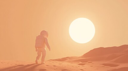 An astronaut walks on a desert planet towards the setting sun.
