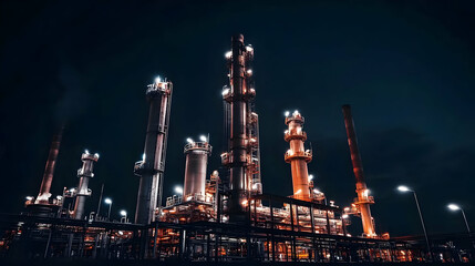 Industrial complex illuminated at night, showcasing tall structures and machinery. AI Image