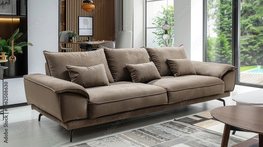 Poster modern brown sofa with throw pillows in a living room setting with large windows and a view of a poo