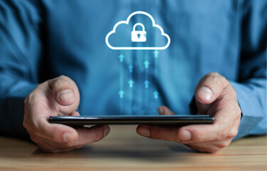 Cloud concept  Businessman using smartphone migrate data to cloud, sync data to cloud storage