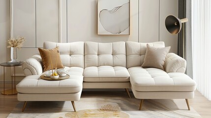 A modern white sectional sofa with gold legs in a living room with a rug, end table and a floor lamp.