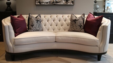 A white tufted sofa with a curved back and wooden legs.
