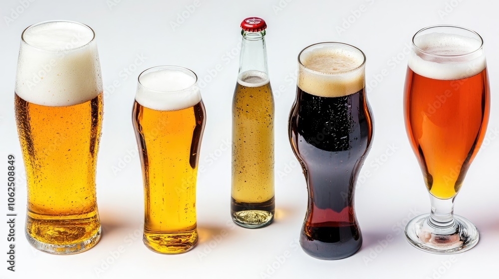 Poster exploring a variety of beer styles in unique glasses and bottles generative ai