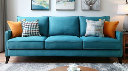 A teal blue sofa with four pillows in a living room.