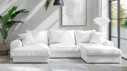 A white sectional sofa with plush cushions sits in a modern living room with large windows, sunlight streaming in, and a potted plant.