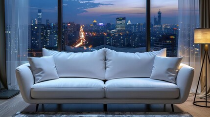 White couch in a modern living room with a view of a city skyline at night.