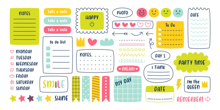 Cute diary notes, to-do list, memo doodles, reminders design, week schedule templates and doodles