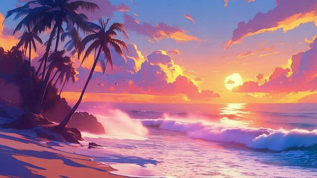 Vibrant Seamless Looping Tropical Beach Sunset Animation
