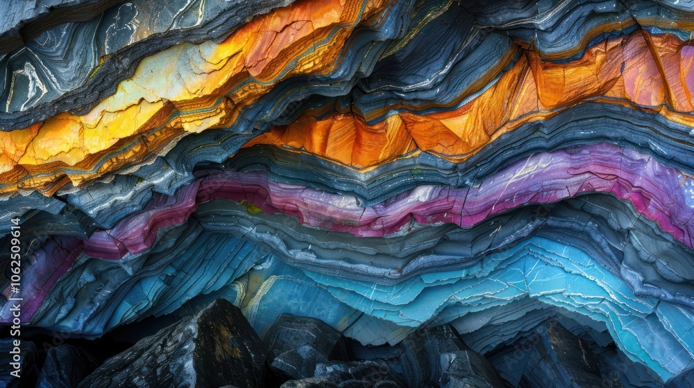Aufkleber close-up of colorful, layered rock formations creating a natural abstract pattern.