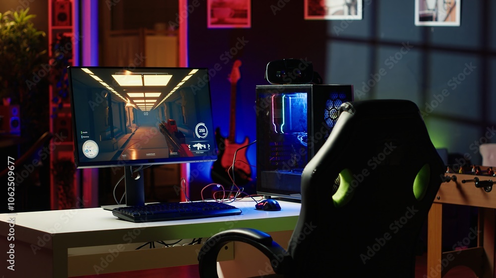 Poster neon lit components on opened gaming pc device next to keyboard, speakers, wired mouse and headphone
