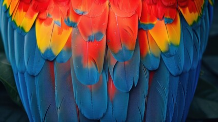 Obraz premium Vibrant red, yellow, and blue feathers of a macaw, close-up.