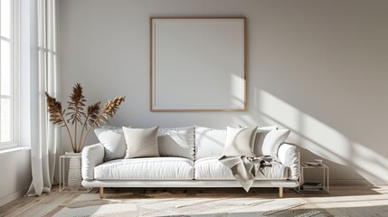 Minimalist living room interior with a white sofa, a large framed picture, a side table, and a vase with dried flowers.