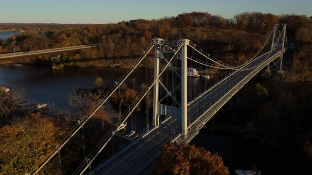 sunset flying counter clockwise around west side of Kingston Port Ewen Bridge