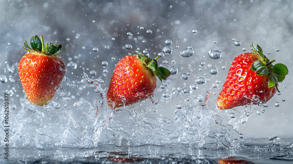 Poster three ripe strawberries splash into clear water with a grey background, creating a dynamic compositi