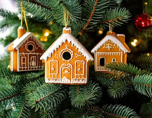 gingerbread house ornaments on a Christmas tree AI