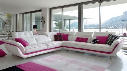 Modern white sectional sofa with pink accents in a living room with large windows overlooking a lake and mountains.