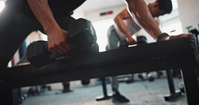 Workout, dumbbell and personal trainer with people in gym for training, exercise closeup and fitness. Bodybuilder, strong and sports athlete with person and weights for energy, wellness and team