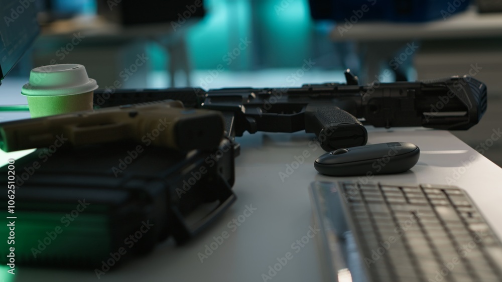 Poster extreme close up of weapons in empty army command center housing operational defense systems. guns o