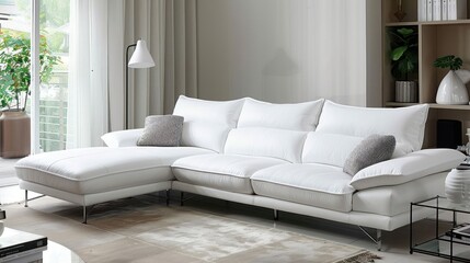 Fototapeta premium White leather sectional sofa in modern living room with large windows and floor lamp.