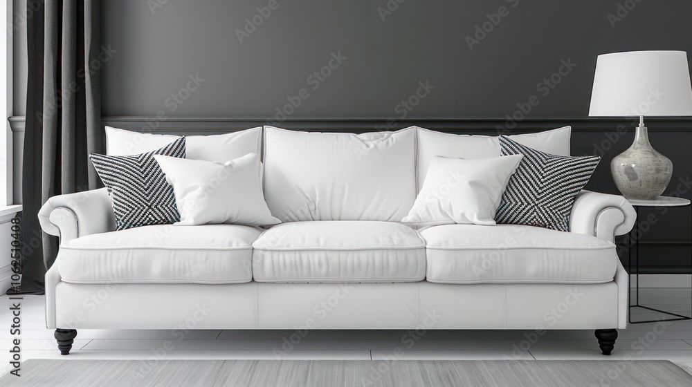 Poster a white sofa with patterned pillows sits in front of a grey wall, with a lamp and side table on the 