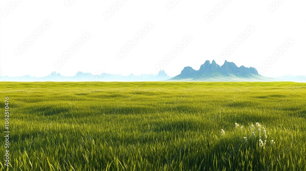 Poster expansive green fields with distant mountain ranges under bright sky generative ai