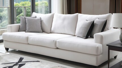 Obraz premium A white sofa with black and white pillows in a modern living room.