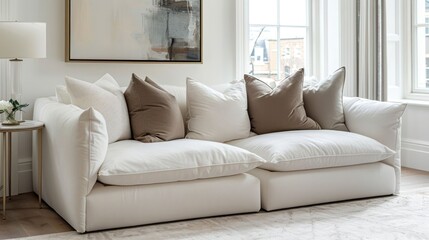 A white sectional sofa with brown pillows in a modern living room.