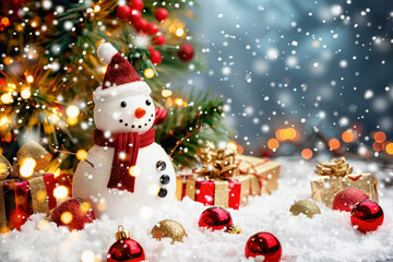 Fototapeta premium A cheerful snowman beside a festive Christmas tree surrounded by gifts and decorations